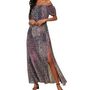 Lulus Black Floral Off Shoulder Maxi Dress M Side Slit Boho